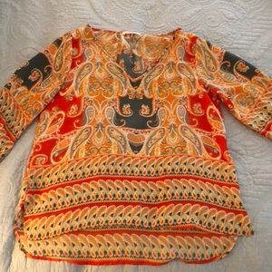 Orange and Green paisley top. Long sleeved. size M